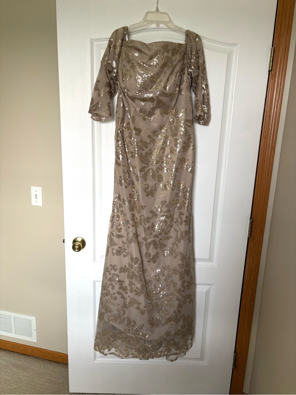 Elegant Sequin Embellished Taupe Evening Gown